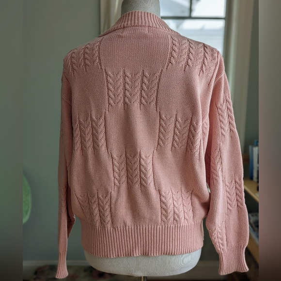 Vintage 90s Y2K Handknit Embroidered Pink Floral Cableknit Pullover Sweater M - Picture 3 of 4